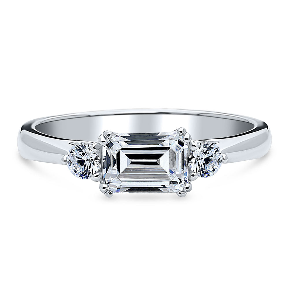 3-Stone East-West Emerald Cut CZ Ring in Sterling Silver, 1 of 8