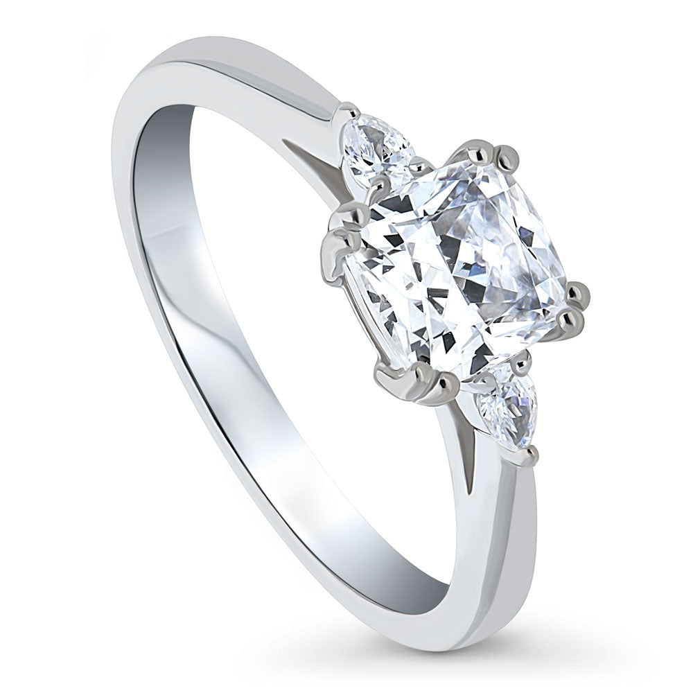 Front view of 3-Stone 1.25ct Cushion CZ Ring in Sterling Silver, 4 of 11