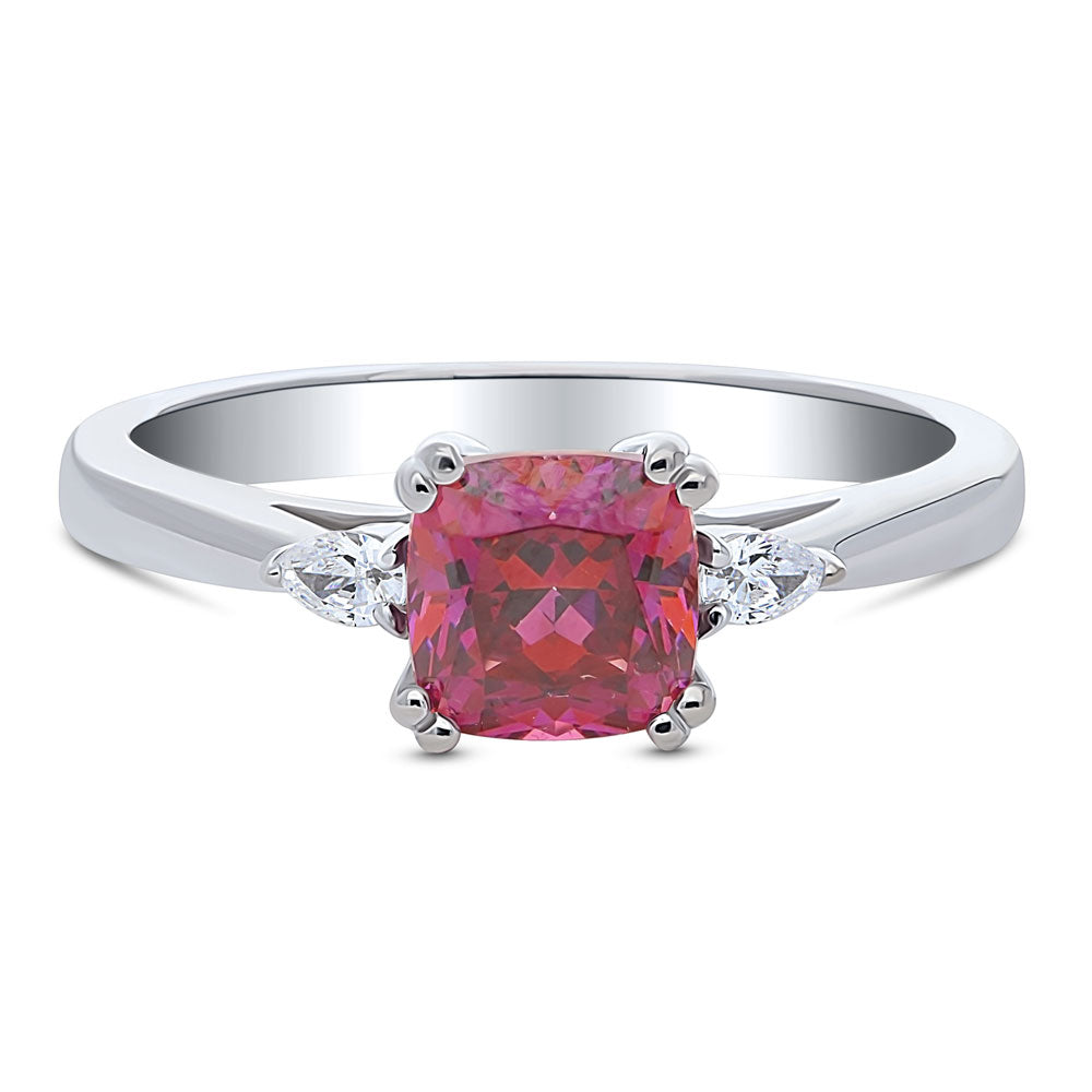 3-Stone Red Cushion CZ Ring in Sterling Silver, 1 of 8