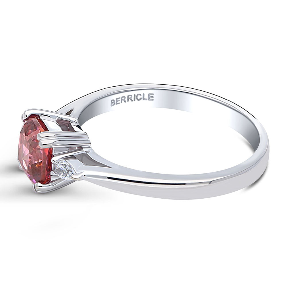 Angle view of 3-Stone 1.25ct Red Cushion CZ Ring in Sterling Silver, 5 of 8