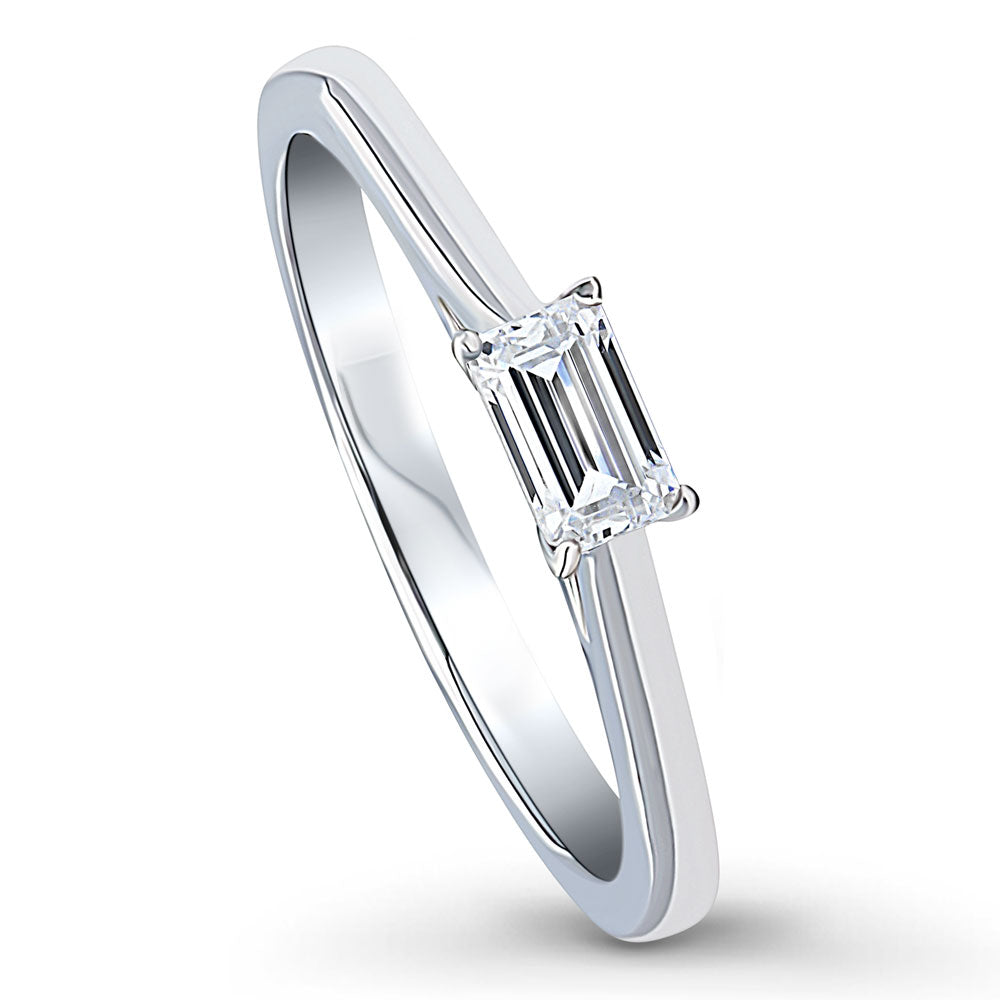 Front view of Solitaire East-West 0.3ct Emerald Cut CZ Ring in Sterling Silver, 4 of 7