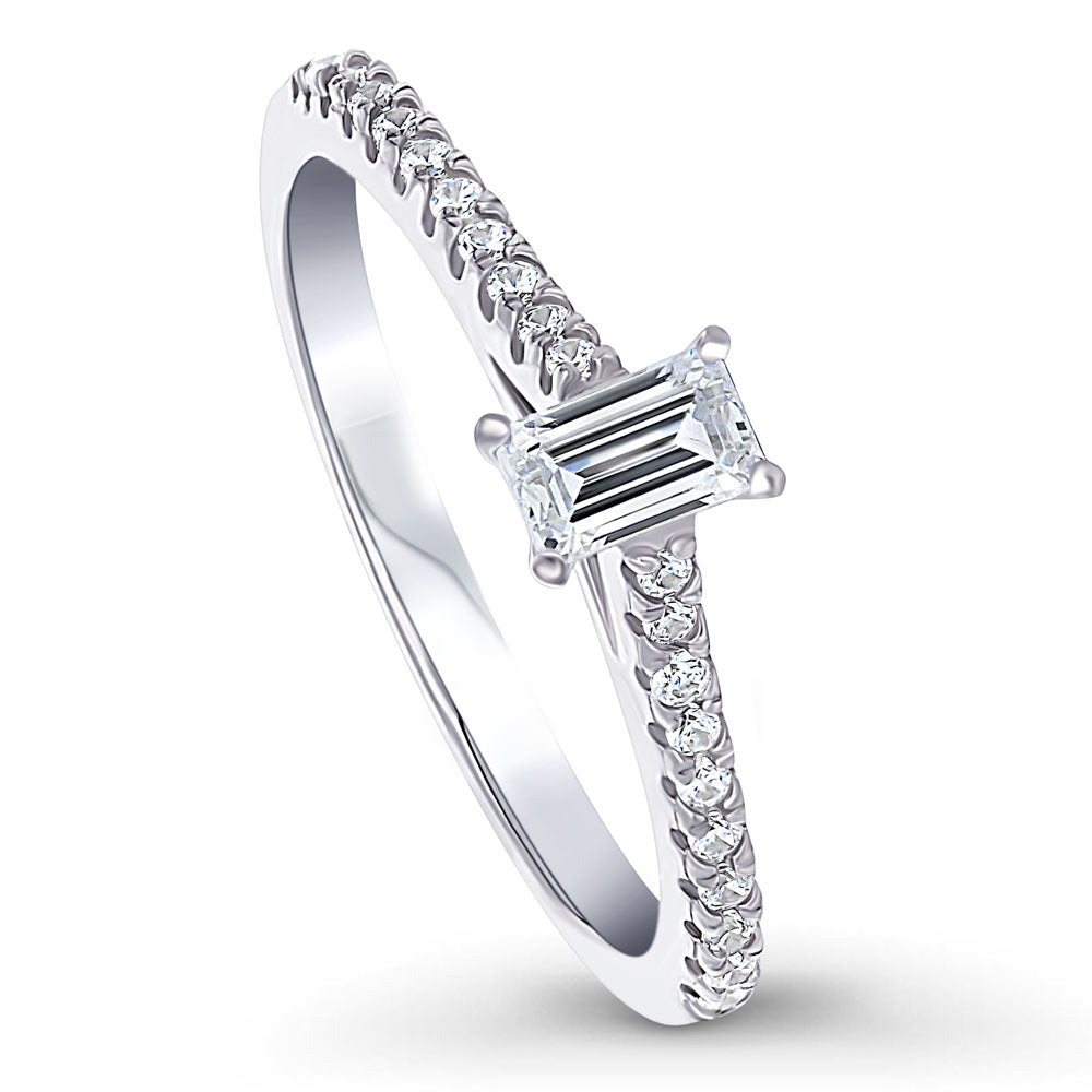 Front view of Solitaire 0.3ct Emerald Cut CZ Ring in Sterling Silver, 4 of 9