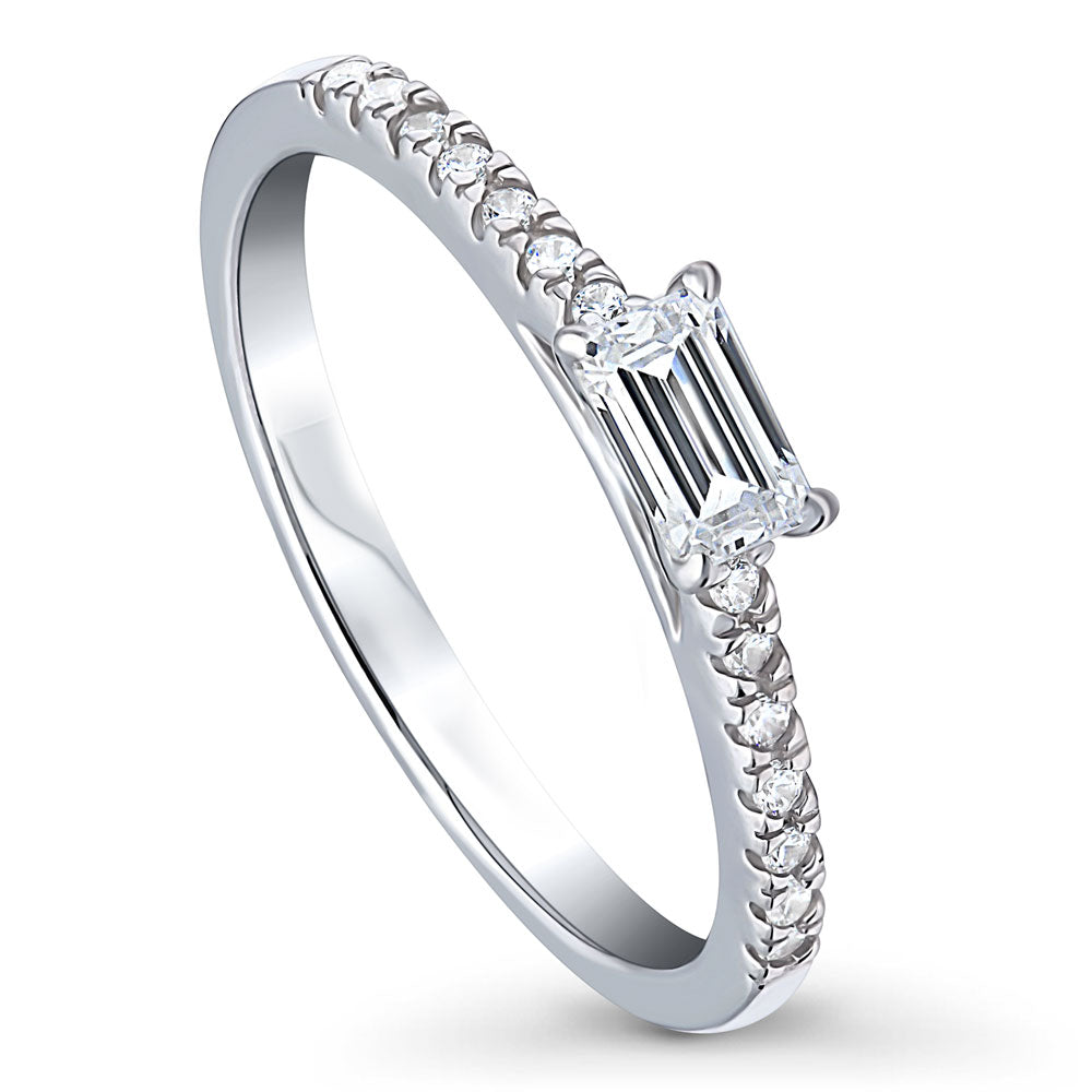 Front view of Solitaire East-West 0.3ct Emerald Cut CZ Ring in Sterling Silver, 4 of 9
