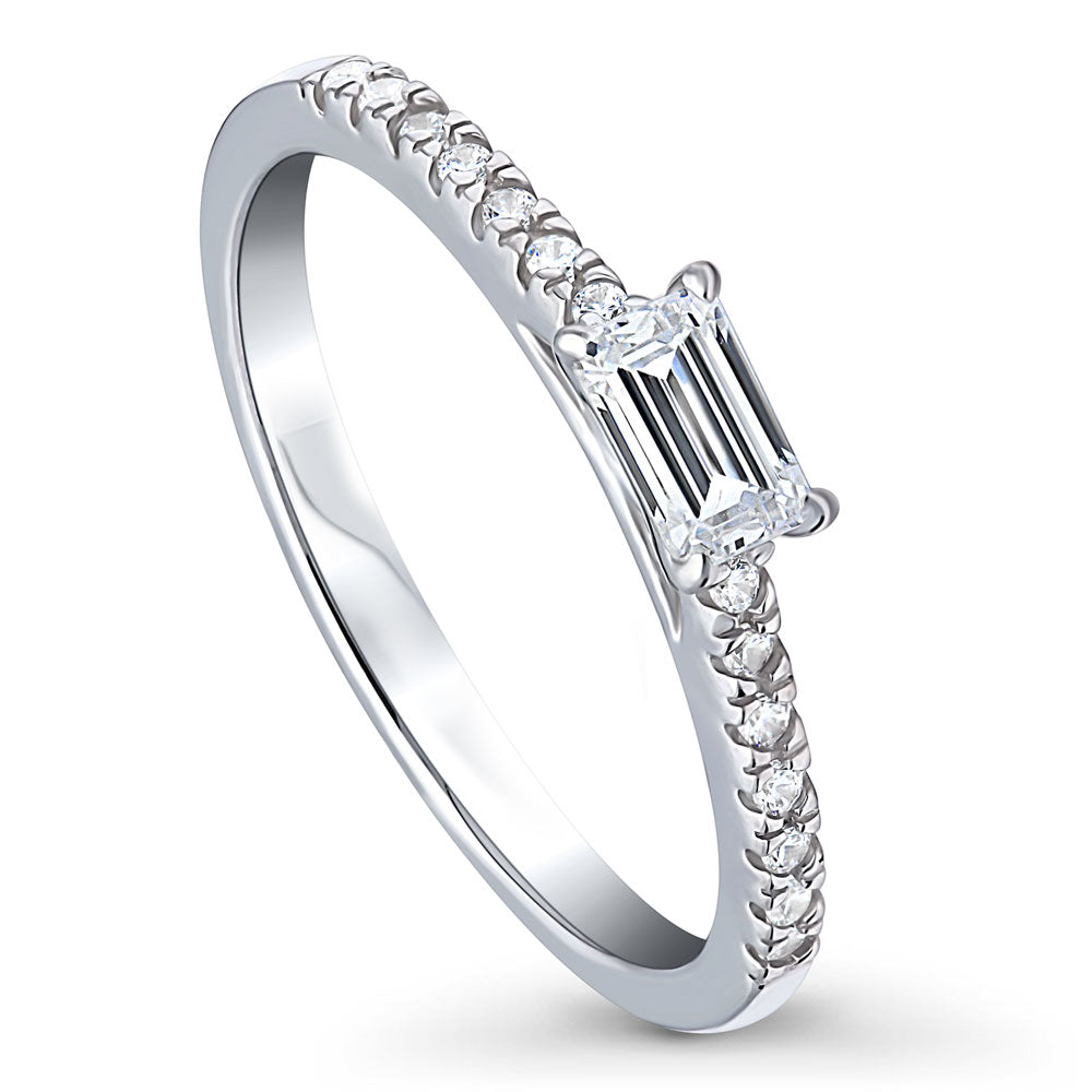 Front view of Solitaire East-West 0.3ct Emerald Cut CZ Ring in Sterling Silver, 4 of 9