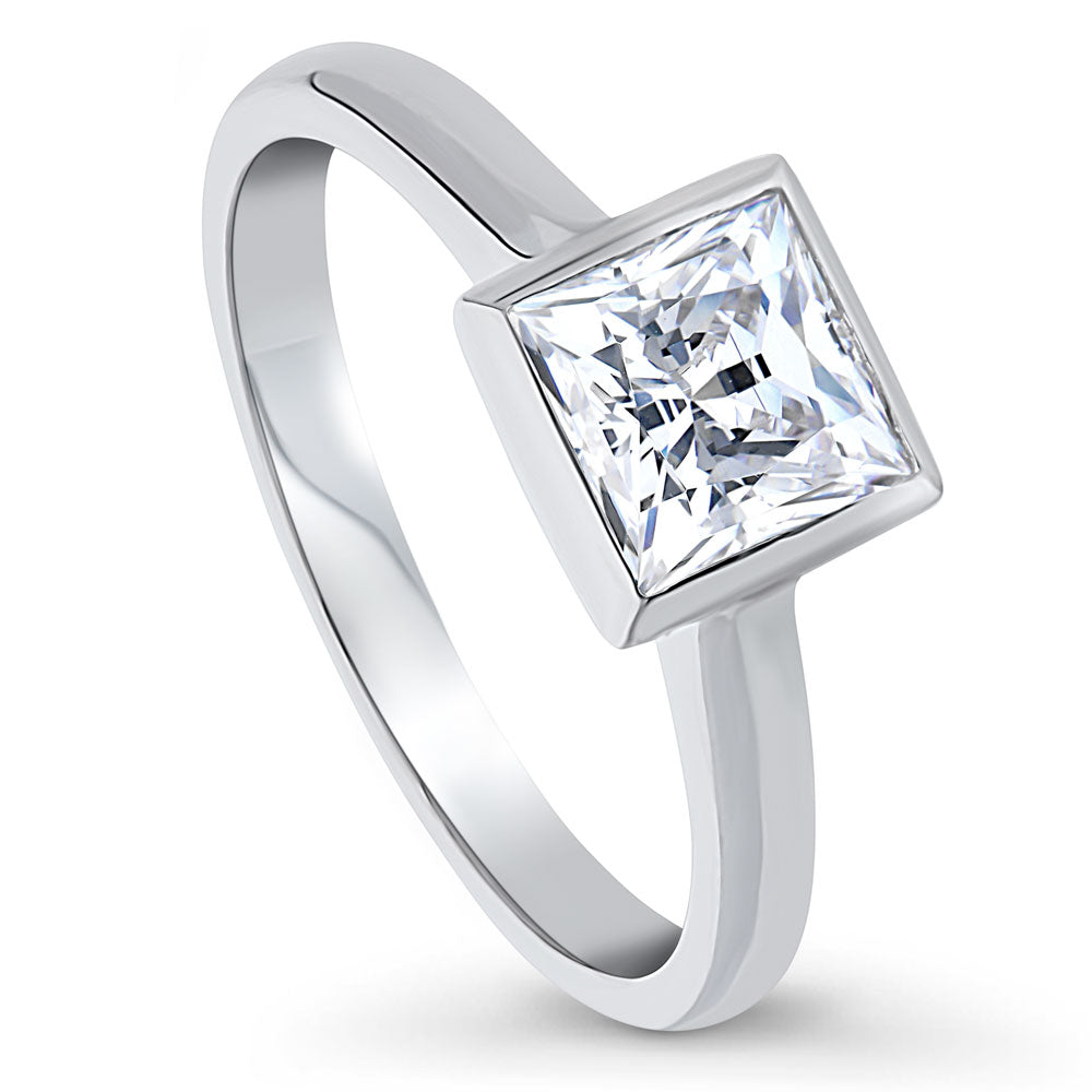 Front view of Solitaire 1.2ct Bezel Princess CZ Ring in Sterling Silver, 4 of 8