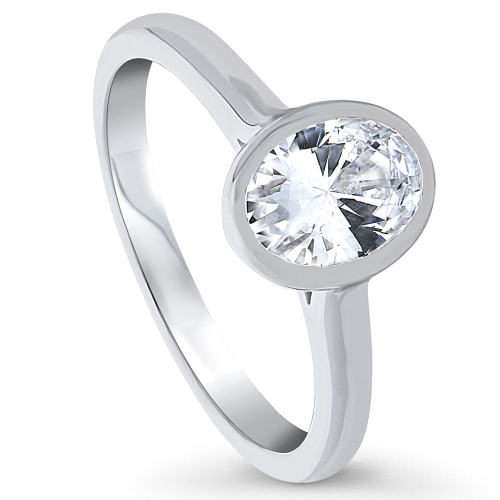 Front view of Solitaire 1.2ct Bezel Oval CZ Ring in Sterling Silver, 4 of 8