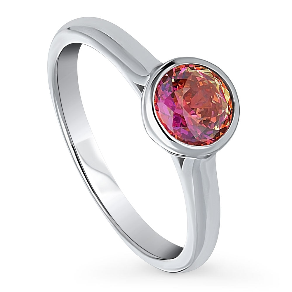 Front view of Solitaire Red Orange Bezel Set Round CZ Ring in Sterling Silver 0.8ct, 4 of 9