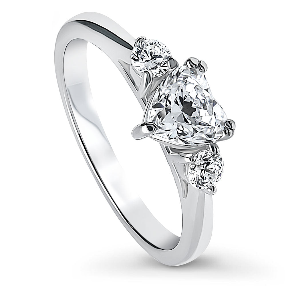 Front view of 3-Stone Heart 0.7ct Heart CZ Ring in Sterling Silver, 4 of 8