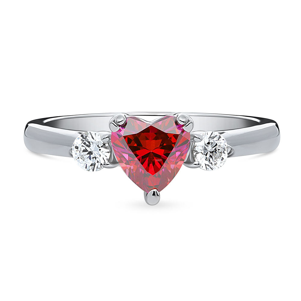 3-Stone Heart Red CZ Ring in Sterling Silver, 1 of 13
