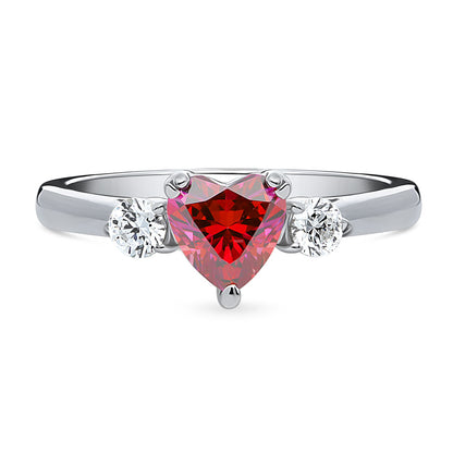 3-Stone Heart 0.7ct Red Heart CZ Ring in Sterling Silver
