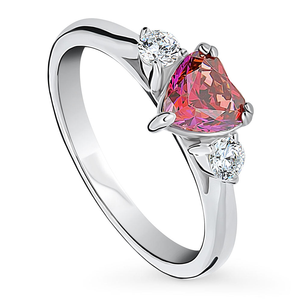 Front view of 3-Stone Heart Red CZ Ring in Sterling Silver, 4 of 13