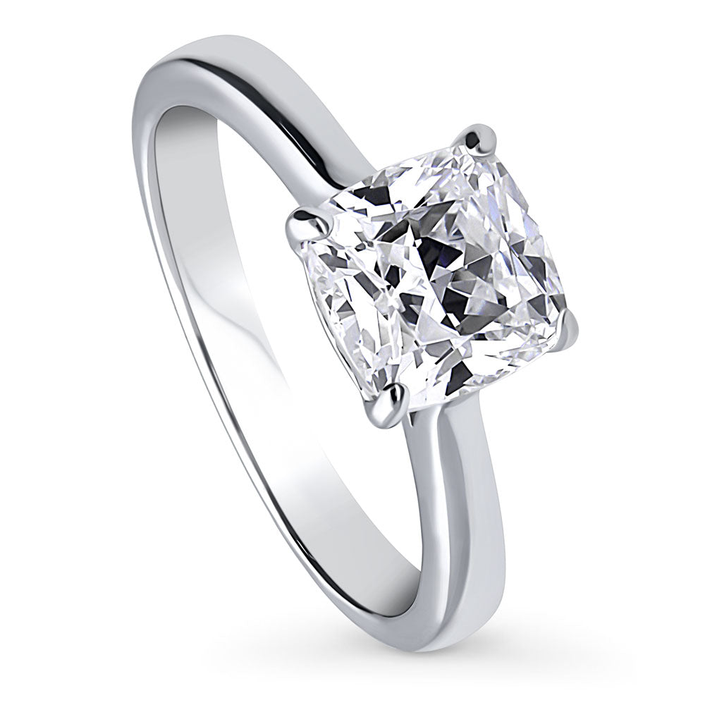 Front view of Solitaire 2ct Cushion CZ Ring in Sterling Silver, 4 of 8