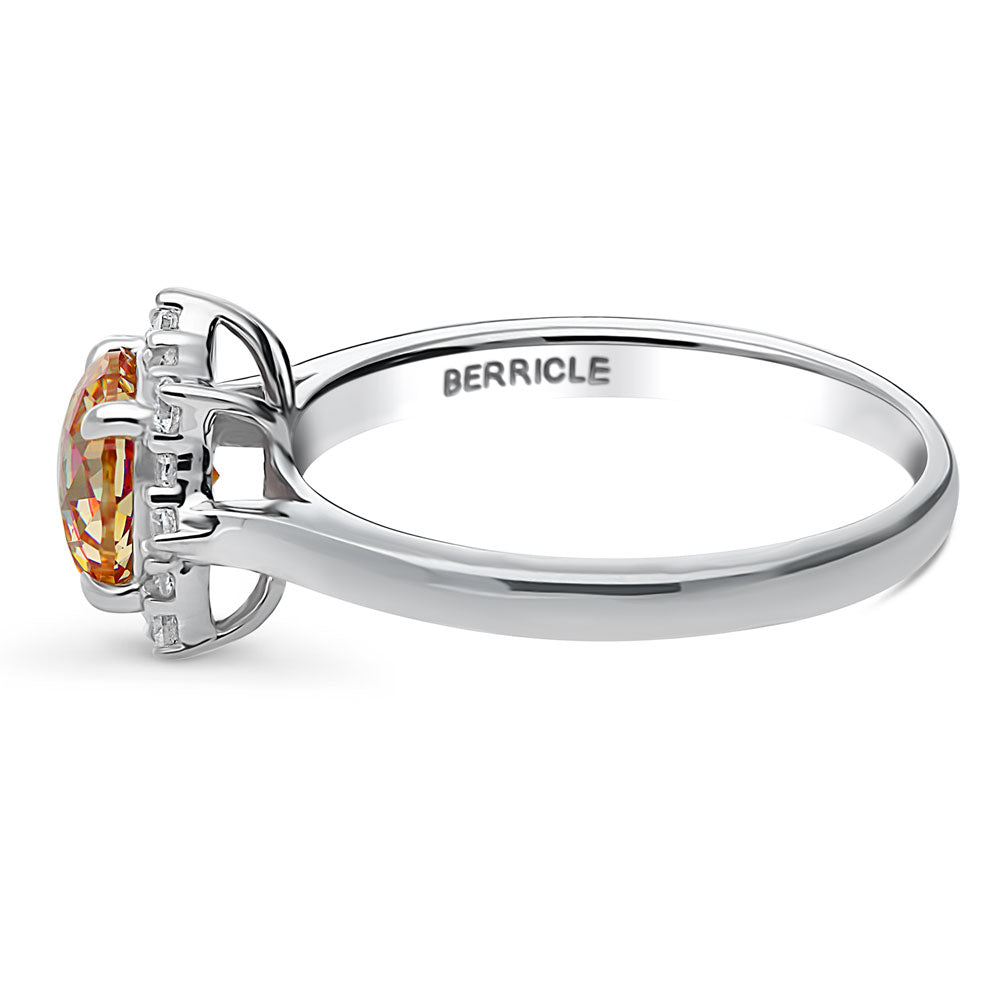 Angle view of Halo Sunburst Red Orange CZ Ring in Sterling Silver, 5 of 8