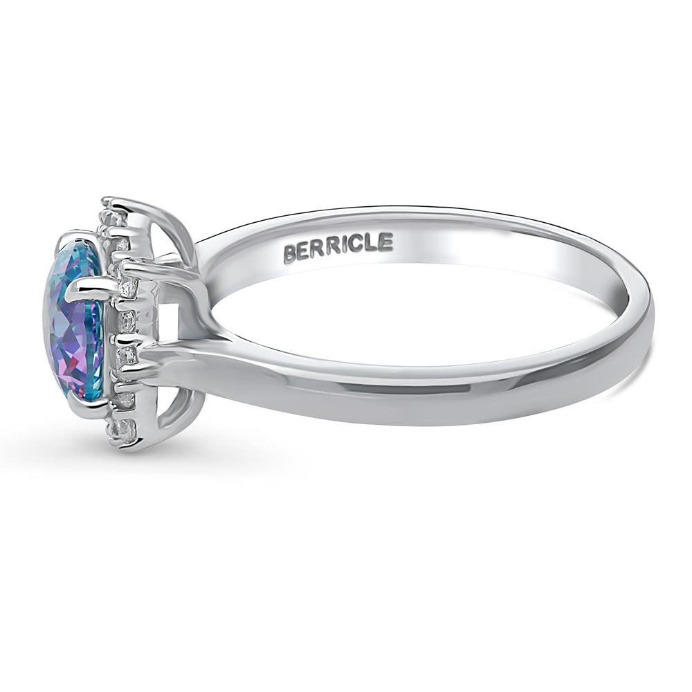 Angle view of Halo Sunburst Purple Aqua Round CZ Ring in Sterling Silver, 5 of 8