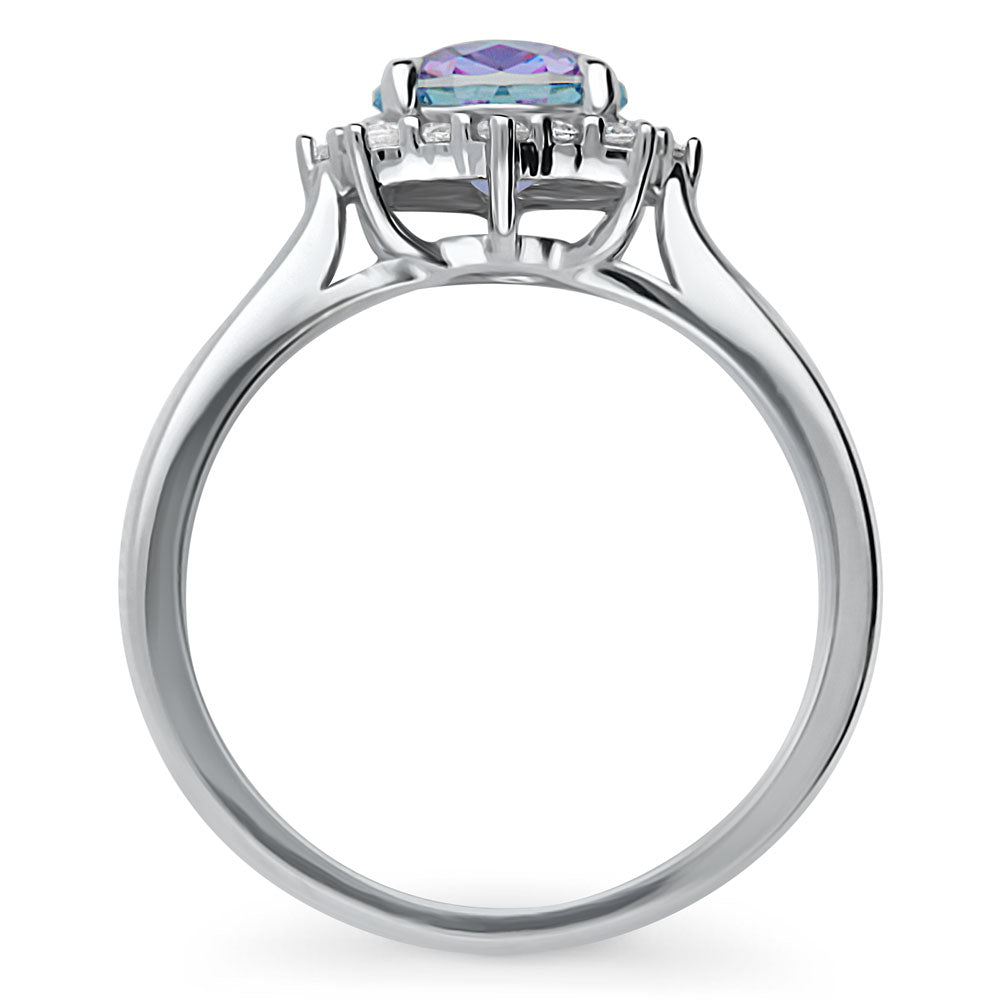 Halo Sunburst Purple Aqua Round CZ Ring in Sterling Silver