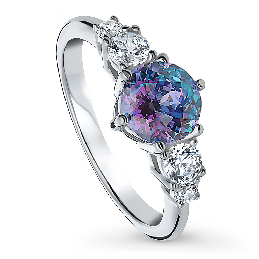 Front view of Solitaire Kaleidoscope Purple Aqua CZ Ring in Sterling Silver, 4 of 8