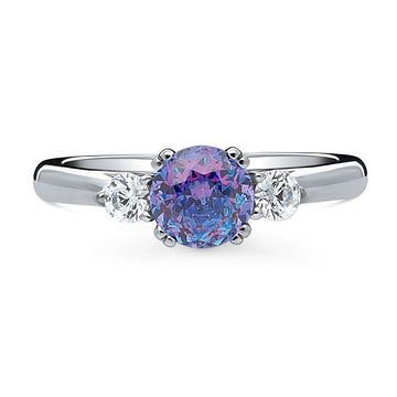 3-Stone Kaleidoscope Purple Aqua Round CZ Ring in Sterling Silver