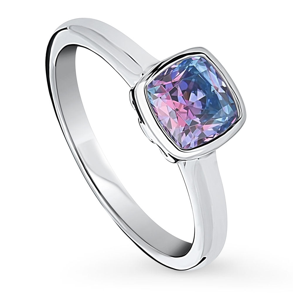 Front view of Solitaire Kaleidoscope Purple Aqua CZ Ring in Sterling Silver, 4 of 9