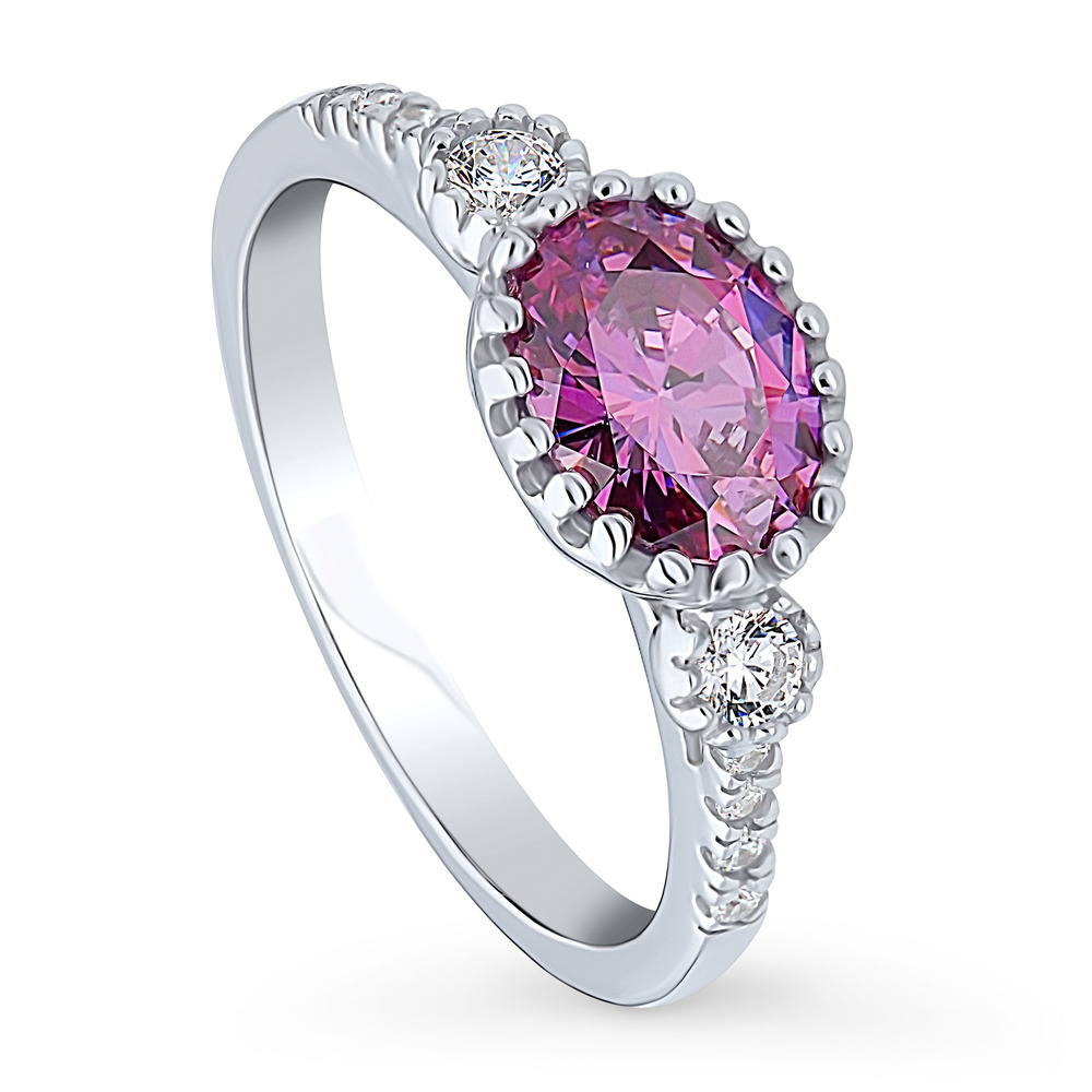 Front view of 3-Stone Purple Oval CZ Ring in Sterling Silver, 4 of 9