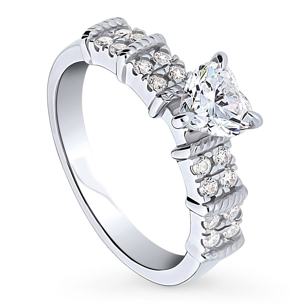 Front view of Solitaire Heart 0.7ct Heart CZ Ring in Sterling Silver, 4 of 9