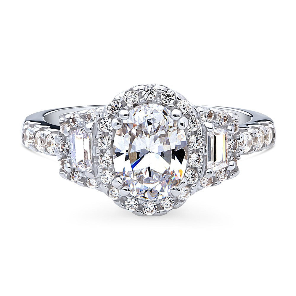 3-Stone Halo Art Deco 1.2ct Oval CZ Ring in Sterling Silver