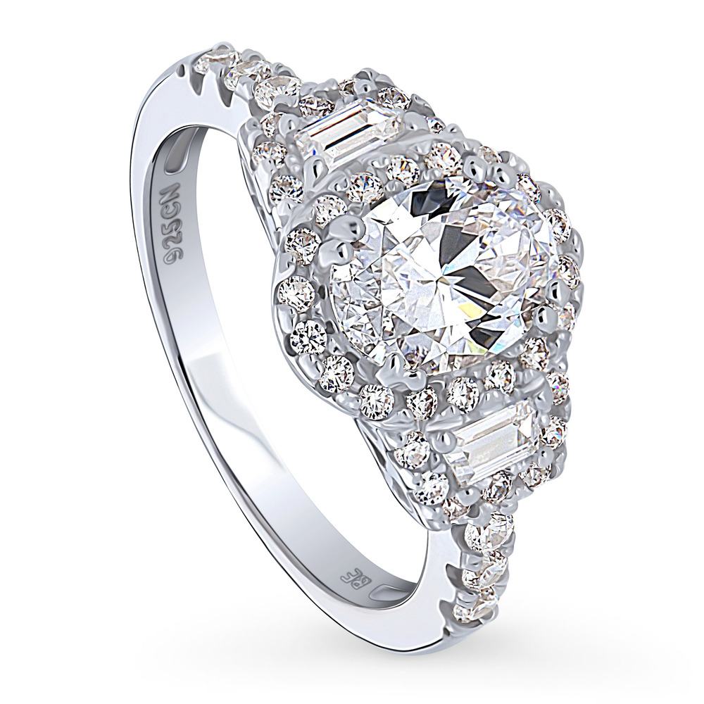 Front view of 3-Stone Halo Oval CZ Ring in Sterling Silver, 4 of 11