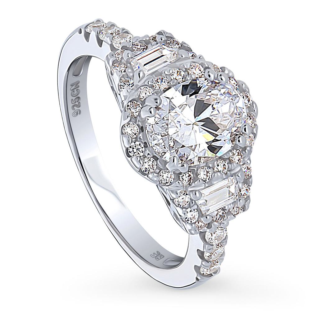 Front view of 3-Stone Halo Art Deco 1.2ct Oval CZ Ring in Sterling Silver, 4 of 11