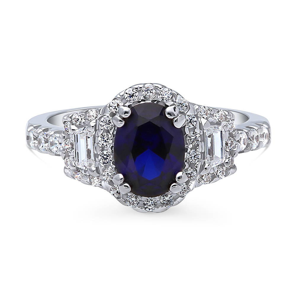 3-Stone Halo Simulated Blue Sapphire Oval CZ Ring in Sterling Silver, 1 of 10
