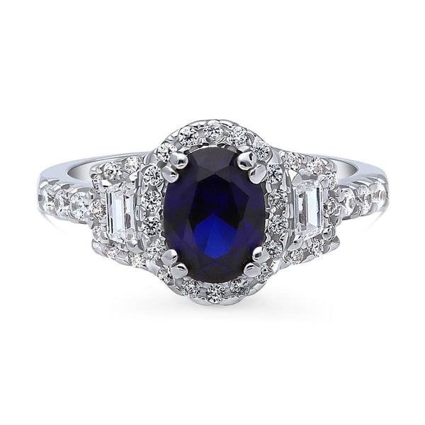 Sterling Silver 3-Stone Halo Oval Cut CZ Fashion Ring 1.2ct