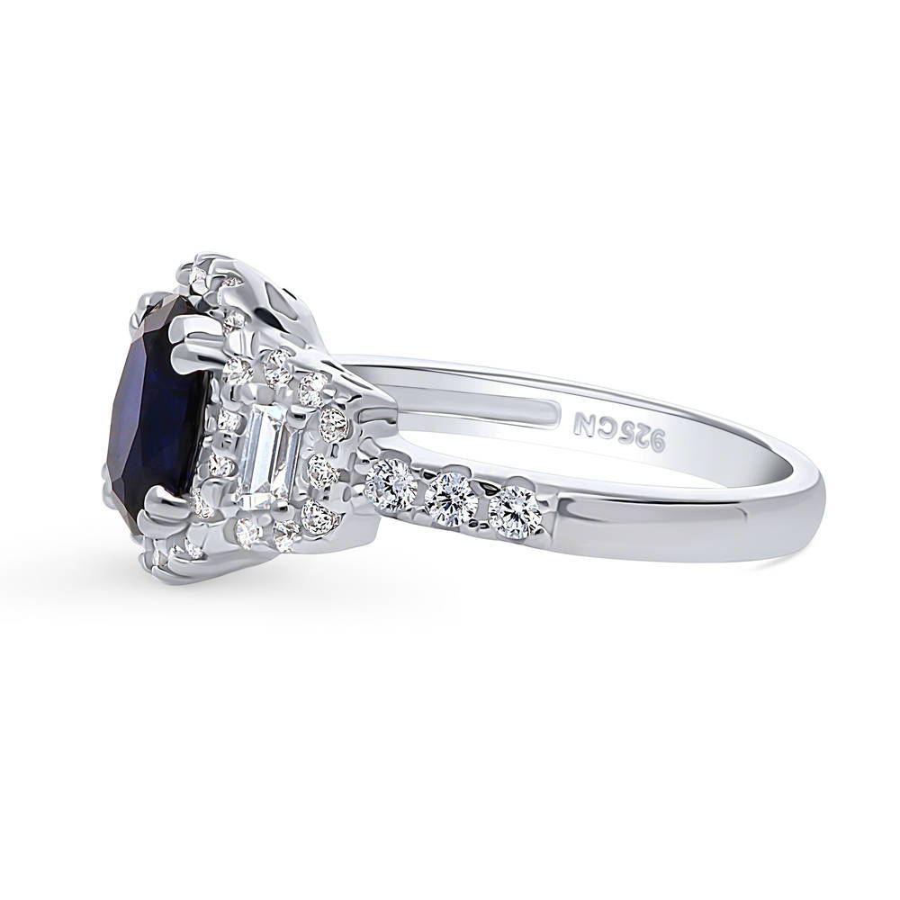 3-Stone Halo Art Deco Sapphire-Blue CZ Ring in Sterling Silver