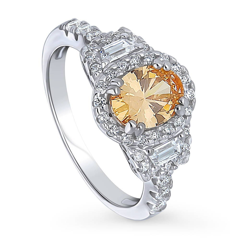 Front view of 3-Stone Halo Yellow Oval CZ Ring in Sterling Silver, 4 of 9