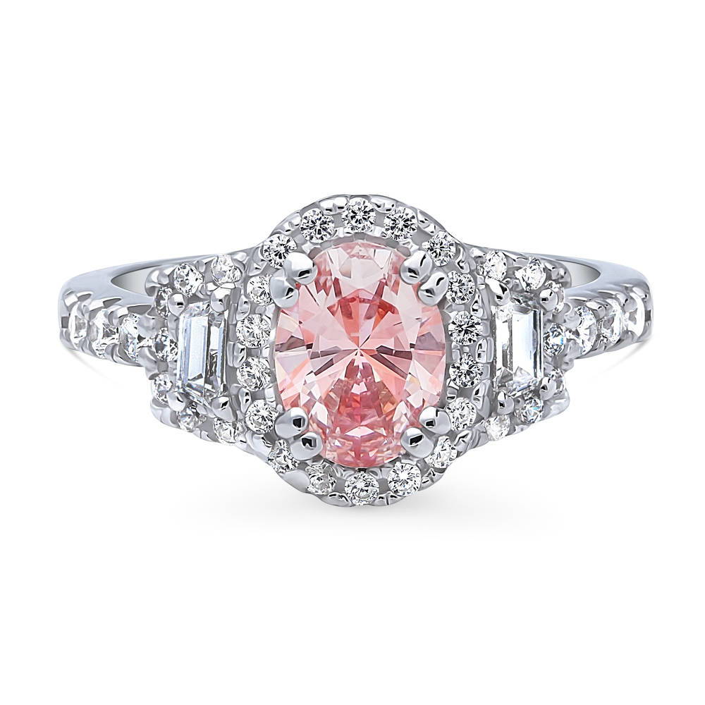 3-Stone Halo Morganite Color Oval CZ Ring in Sterling Silver, 1 of 9