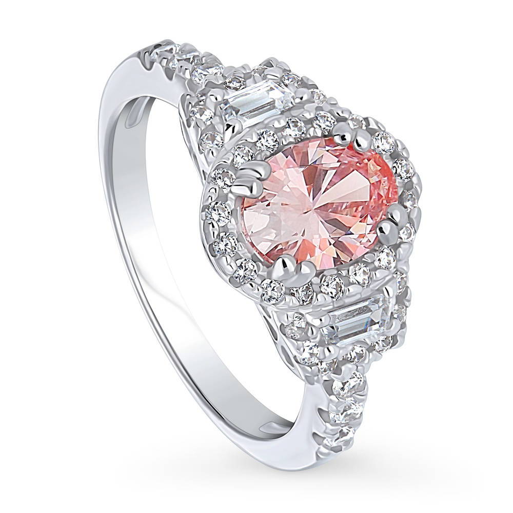 Front view of 3-Stone Halo Morganite Color Oval CZ Ring in Sterling Silver, 4 of 9