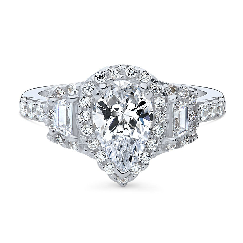 3-Stone Halo Art Deco 1.3ct Pear CZ Ring in Sterling Silver, 1 of 10
