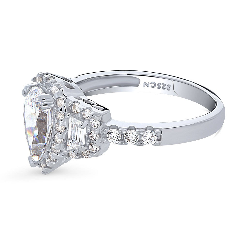 Angle view of 3-Stone Halo Art Deco 1.3ct Pear CZ Ring in Sterling Silver, 5 of 10