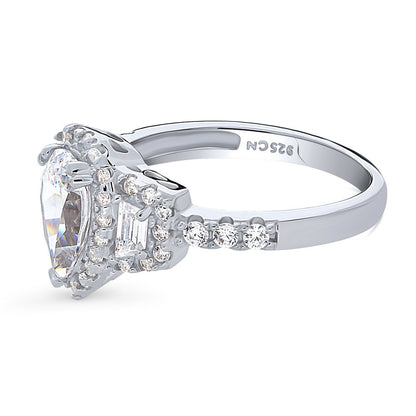 3-Stone Halo Art Deco 1.3ct Pear CZ Ring in Sterling Silver