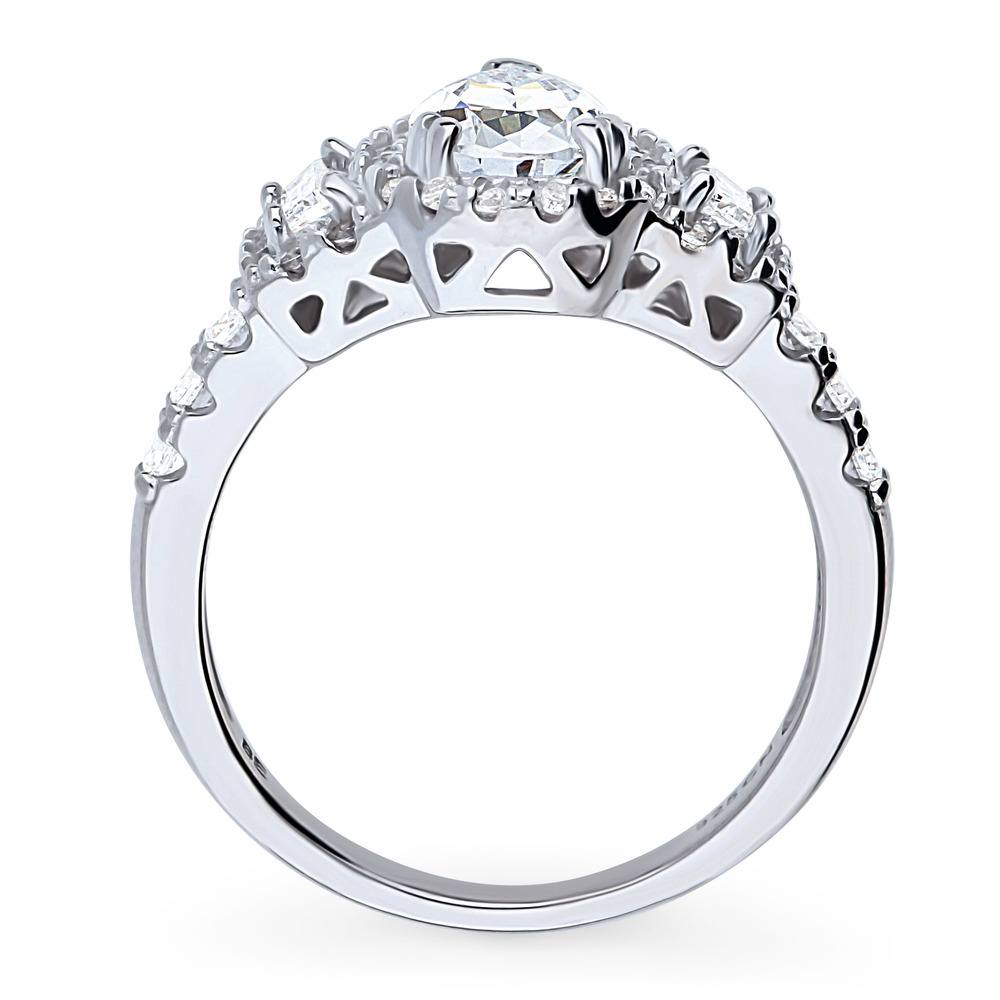 3-Stone Halo Art Deco 1.3ct Pear CZ Ring in Sterling Silver