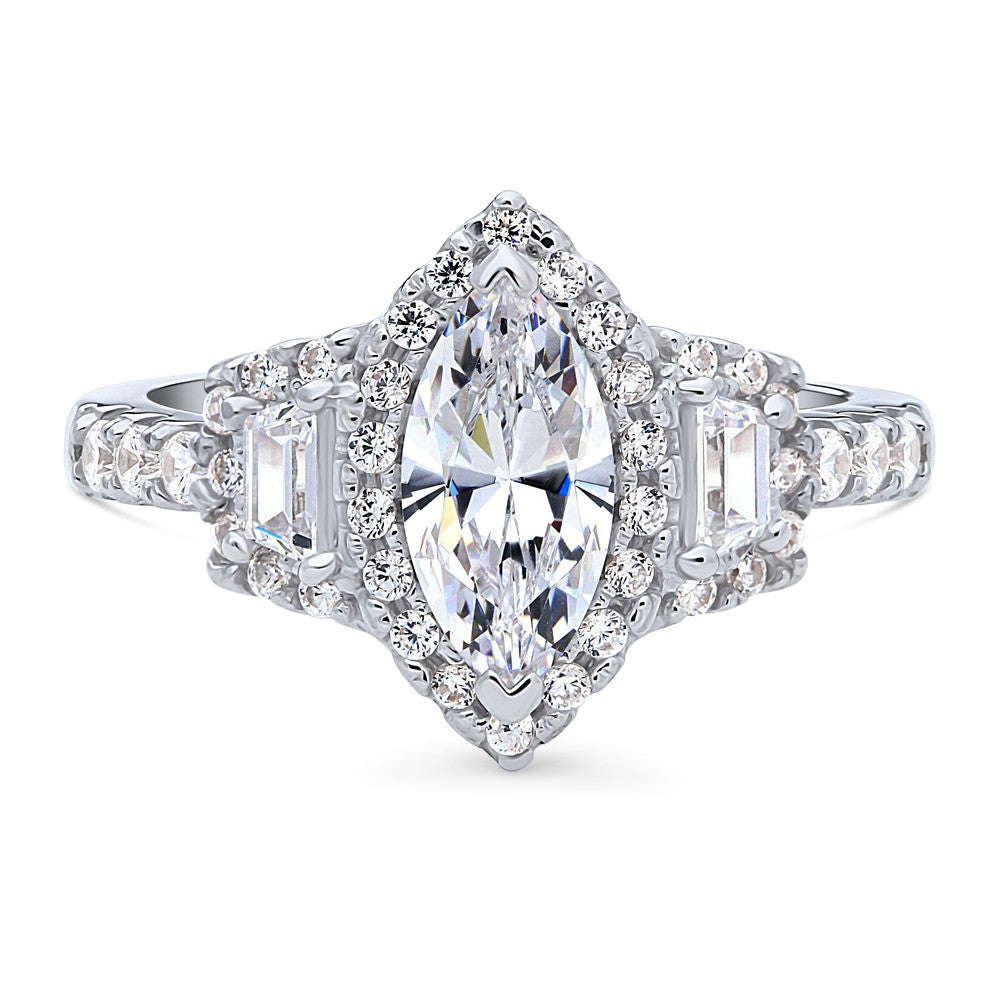 3-Stone Halo Art Deco 1ct Marquise CZ Ring in Sterling Silver, 1 of 11