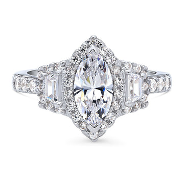3-Stone Halo Marquise CZ Ring in Sterling Silver