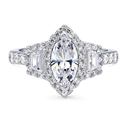 3-Stone Halo Art Deco 1ct Marquise CZ Ring in Sterling Silver