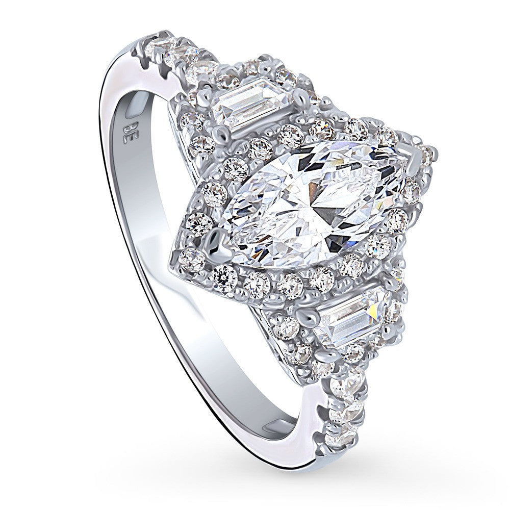 Front view of 3-Stone Halo Marquise CZ Ring in Sterling Silver, 4 of 11