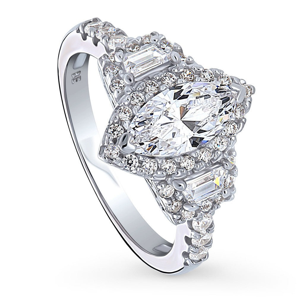 Front view of 3-Stone Halo 1ct Marquise CZ Ring in Sterling Silver, 4 of 11