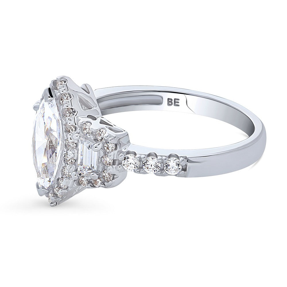 Angle view of 3-Stone Halo 1ct Marquise CZ Ring in Sterling Silver, 5 of 11