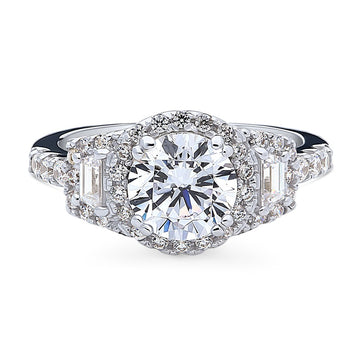 3-Stone Halo Round CZ Ring in Sterling Silver