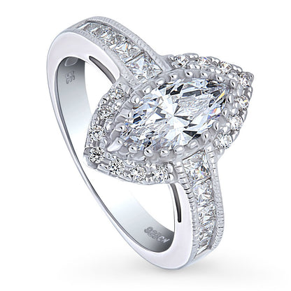 Halo Milgrain Marquise CZ Ring in Sterling Silver