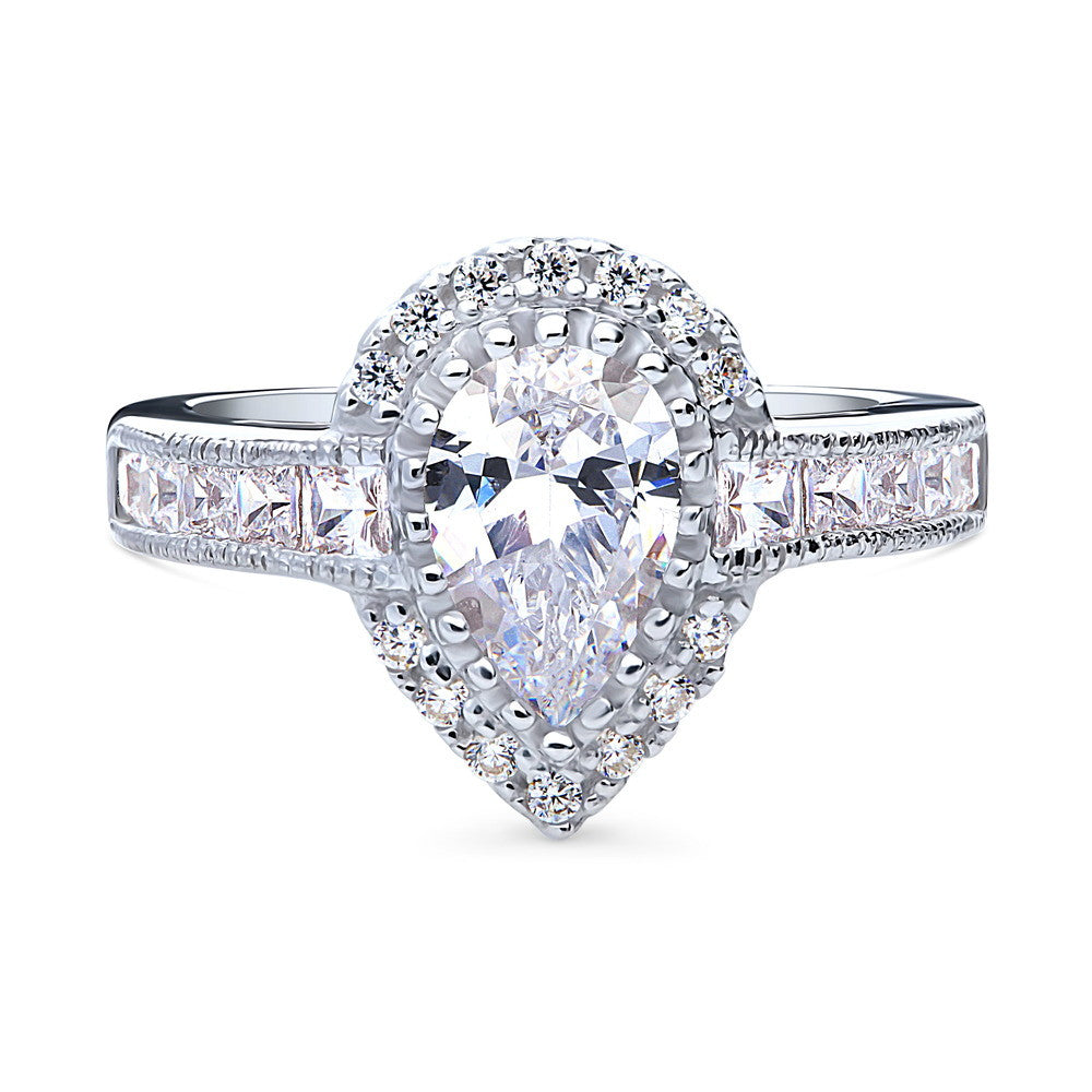 Halo Milgrain Pear CZ Ring in Sterling Silver, 1 of 9