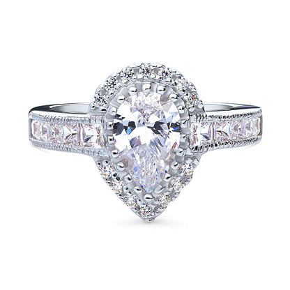 Halo Milgrain Pear CZ Ring in Sterling Silver