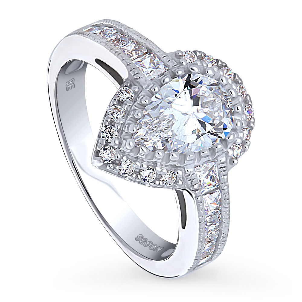 Front view of Halo Milgrain Pear CZ Ring in Sterling Silver, 4 of 9