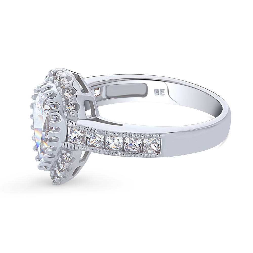 Angle view of Halo Milgrain Pear CZ Ring in Sterling Silver, 5 of 9
