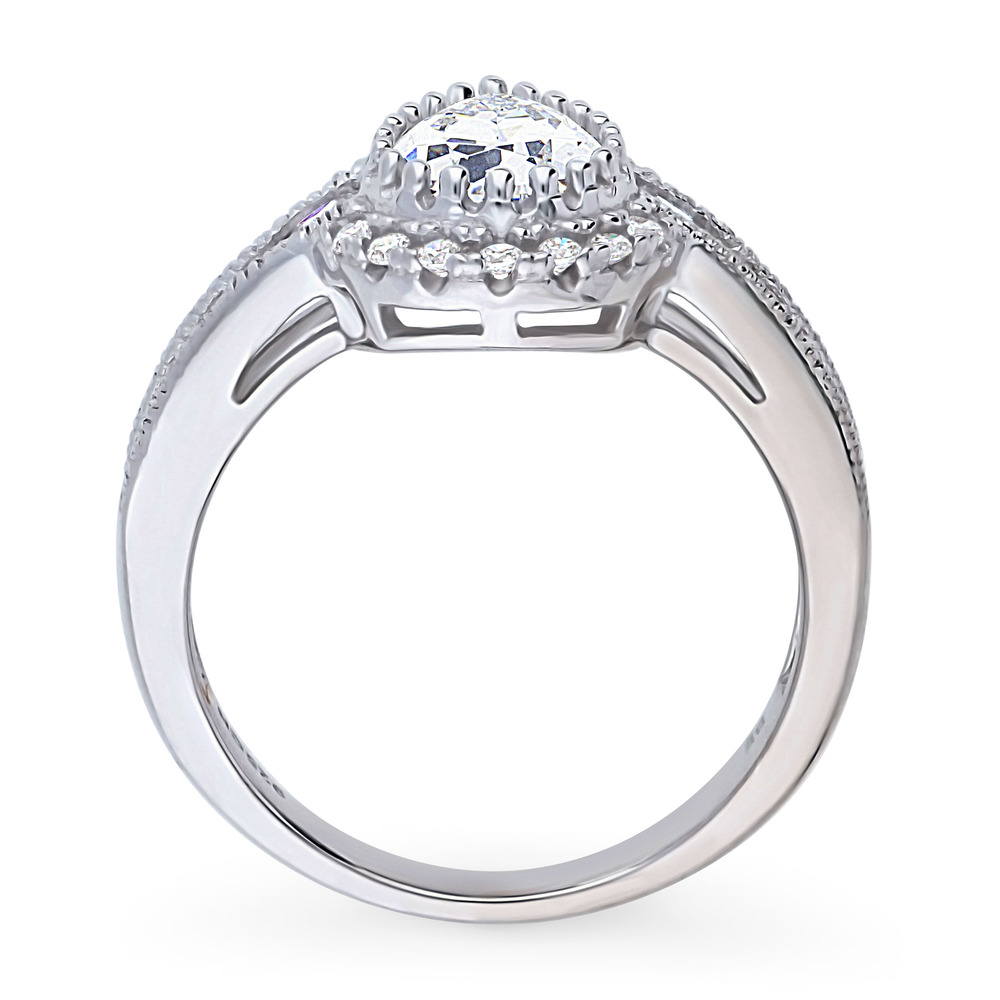 Halo Milgrain Pear CZ Ring in Sterling Silver